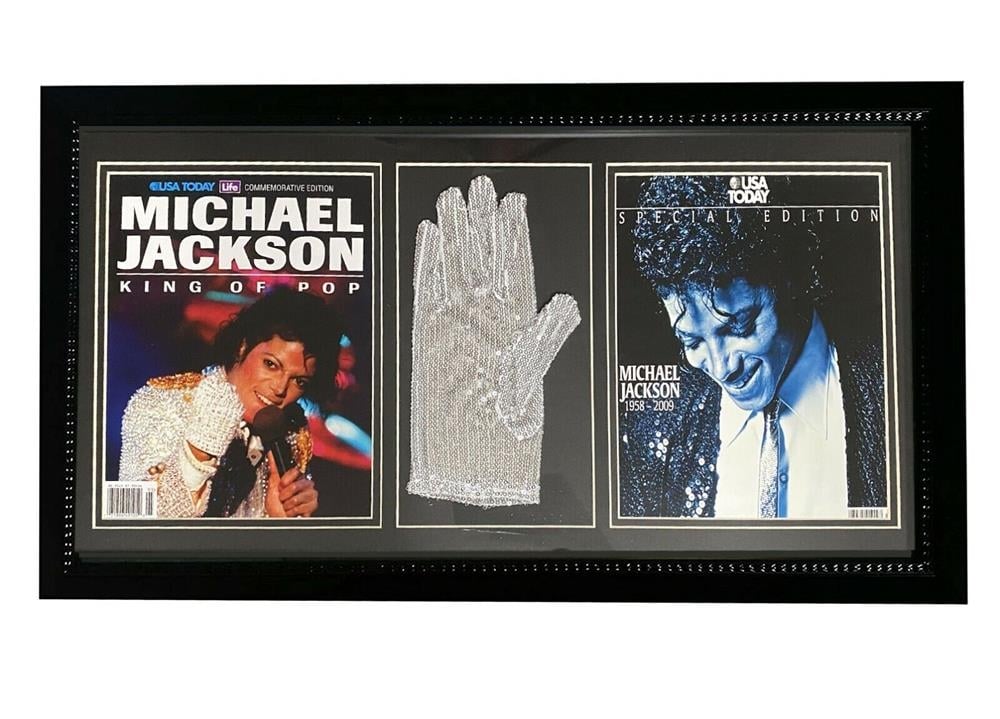 135-51 Michael Jackson King of Pop Special Edition USA Today Memorabilia Frame with White Silver Sequin Dance Gloves 12x24
