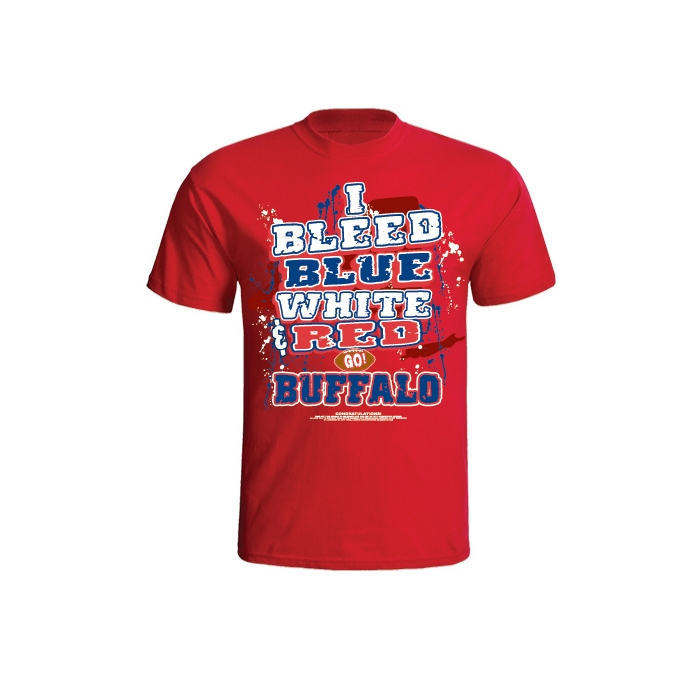 100-75 Buffalo Football 'I Bleed Blue, White and Red - GO Buffalo!' Red T-Shirt| Size| Large