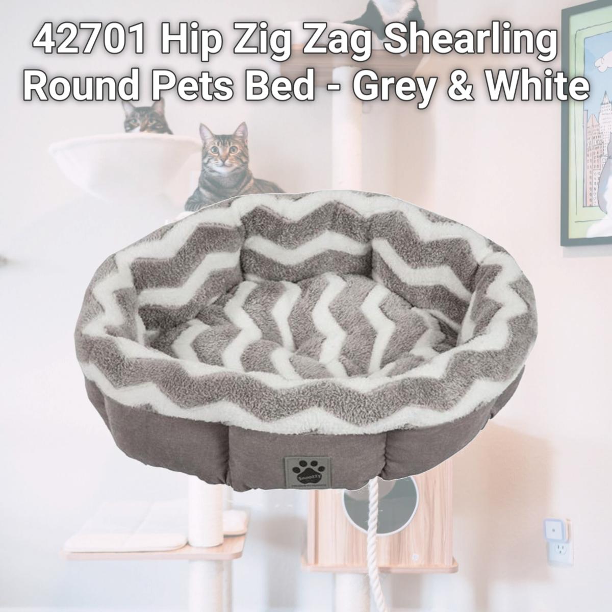 Picture of Our Pets - Pet Zone 42701 Hip Zig Zag Shearling Round Pets Bed - Grey & White
