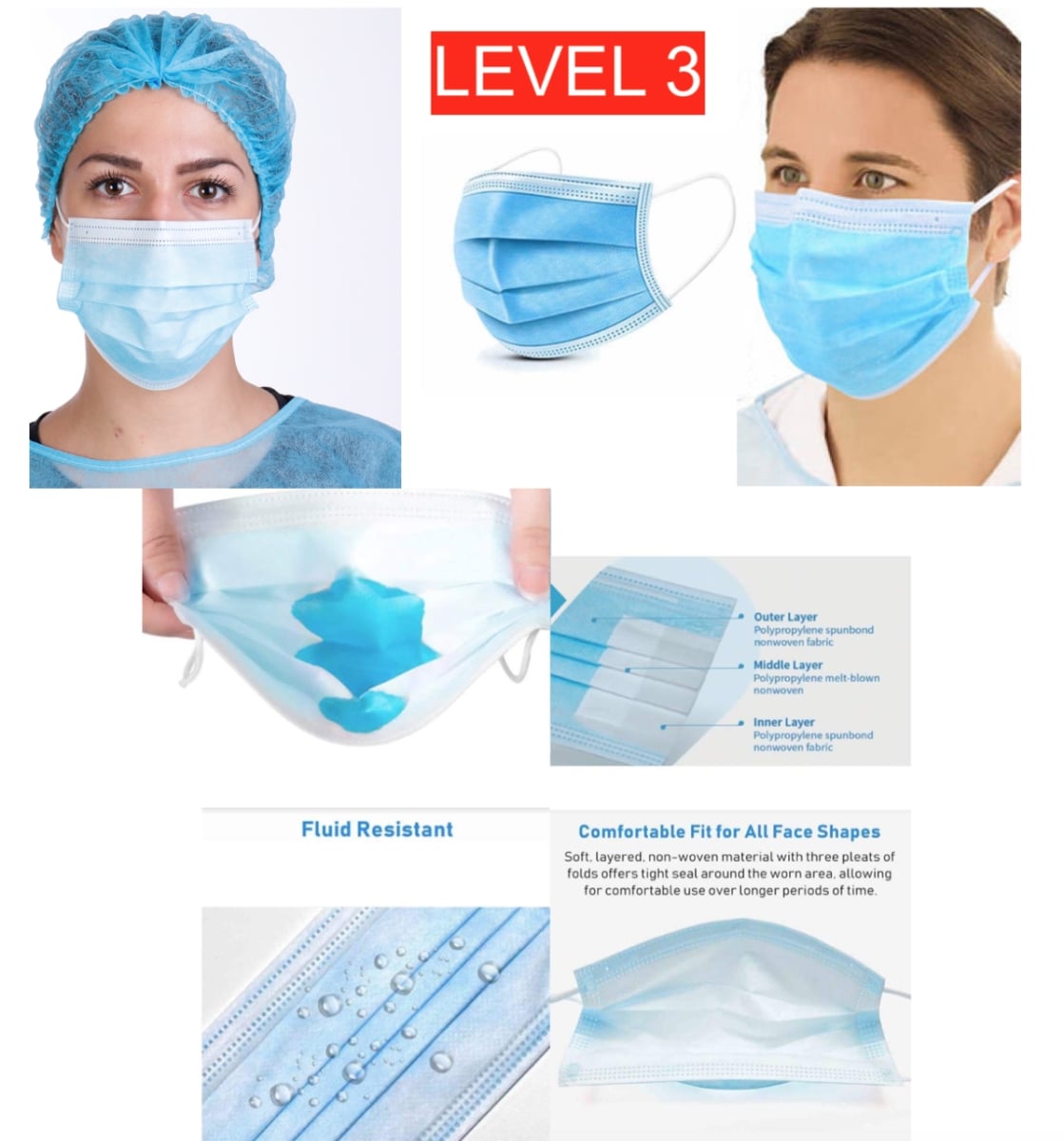 BLUEMASK700PACK-3 PLY- COD065 3-Ply Disposable Earloop Pleated Face Masks, Light Blue - Pack of 700