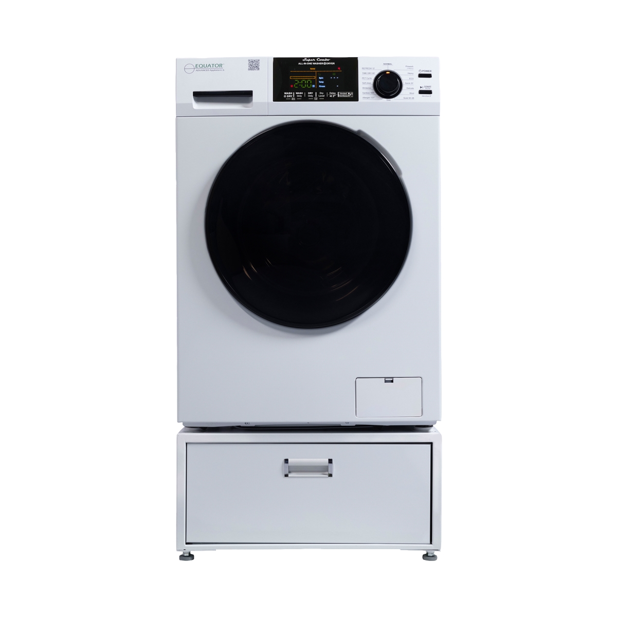 4600 + PDL 4455 W Equator 1.6cf 110V Vented/Ventless Sani Combo Washer Dryer Pet Cycle + Pedestal -  Equator Advanced Appliances