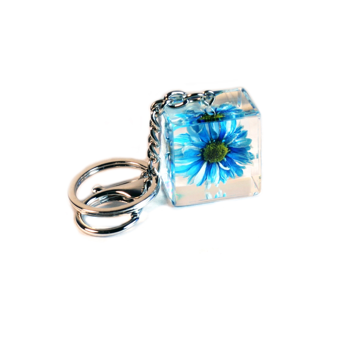 BC306 Blue Daisy Cube Key Chain, Clear