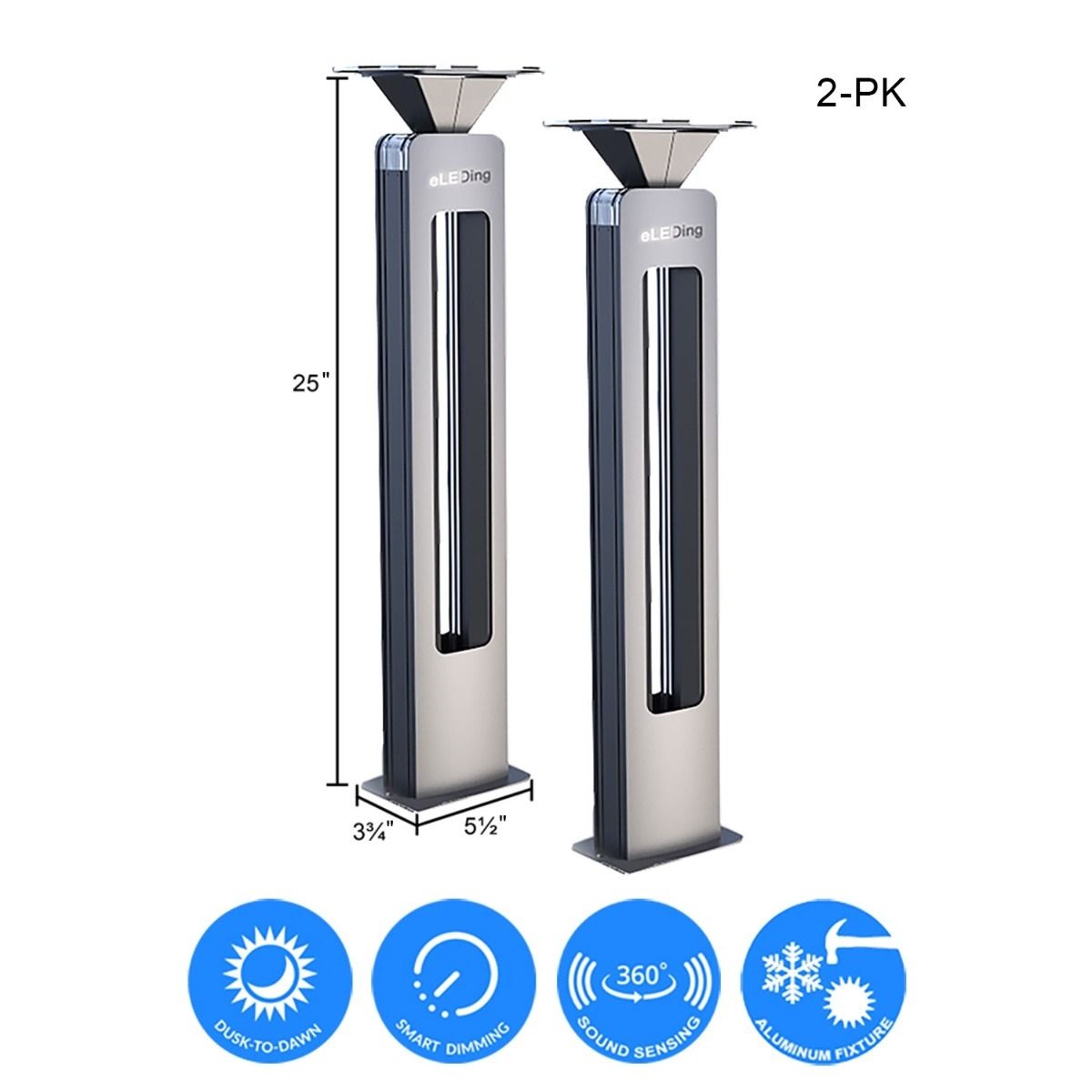 Picture of eLEDing EE803WLL Aluminum-Silver Solar Powered Sound Activated Integrated Walkway Safety Decoration&#44; High-End LED Lights - Dusk to Dawn - Pack of 2