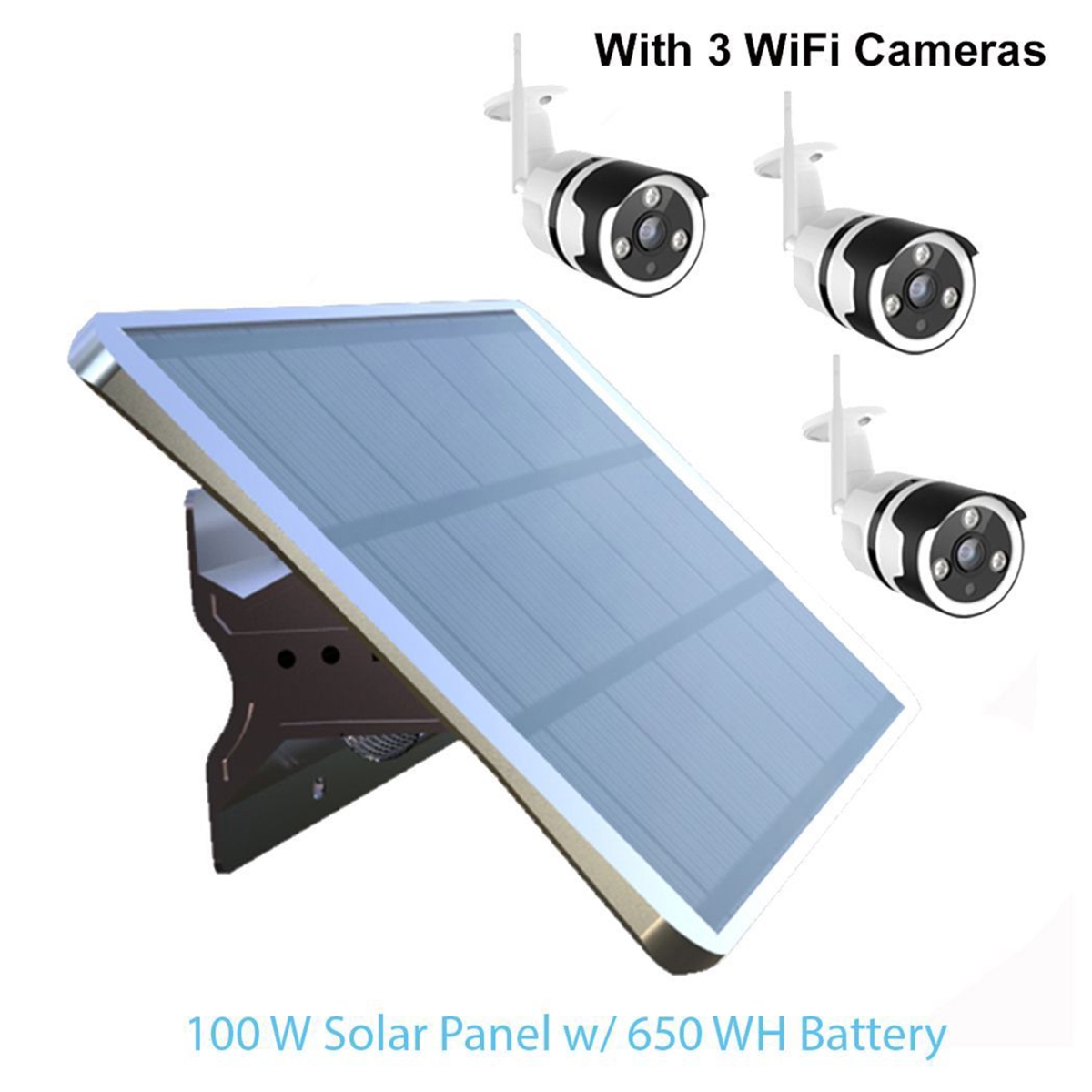 Picture of eLEDing EE8100W-POE650-3CAM 100W 650WH Battery Plus 3 Cameras High Voltage Solar Panel with Optimum Wi-Fi Camera System