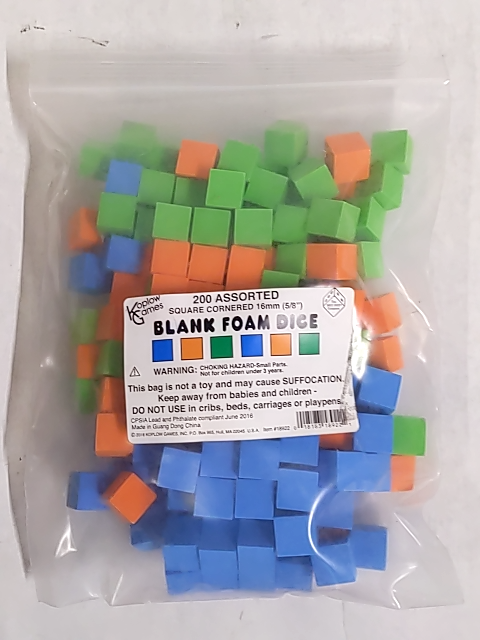 16 mm Blank Foam Dice - Assorted Color, 200 Count