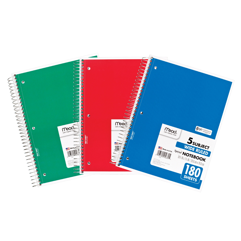 Mead MEA05680BN Spiral Bound Notebook, Wide Rule, 5 Subject, Assorted Colors, Pack of 12