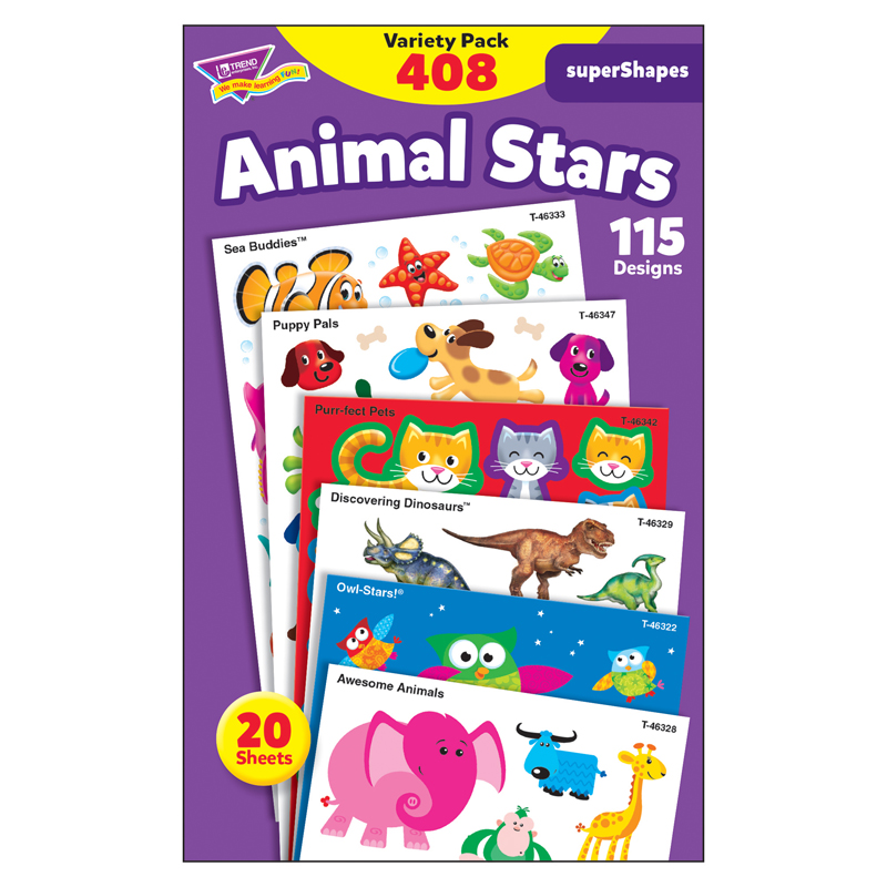 TREND enterprises, Inc. T-46928BN Animal Stars superShapes Stickers - Large Variety Pack, 408 Per Pack, 3 Packs