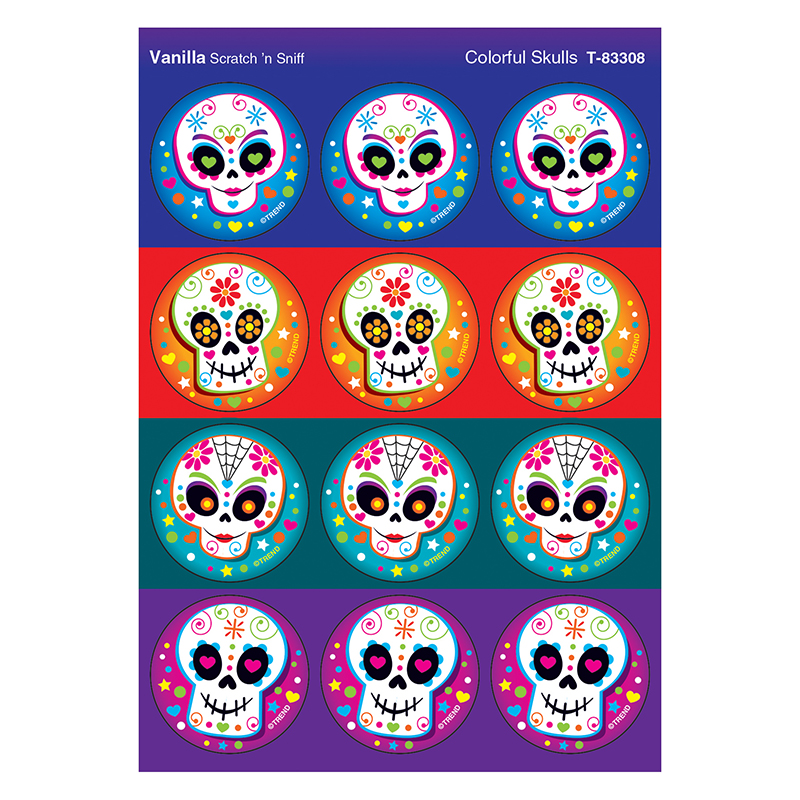 TREND enterprises T-83308BN Colorful Skulls/Vanilla Stinky Stickers, 48 Per Pack, 1.25", Paper, Multicolor (Pack of 6)