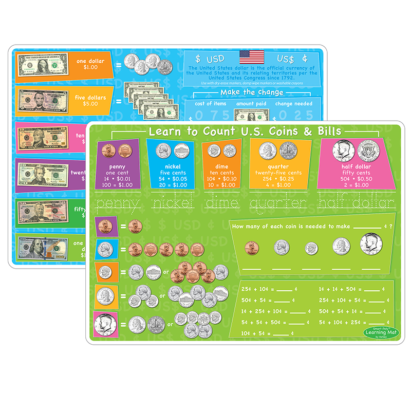 Picture of Ashley Productions ASH95027 12 x 17 in. Double-Sided US Money & Coins Learning Mat