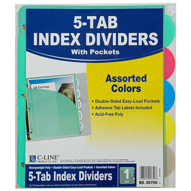 C-Line Products  5 Tab Poly Index Dividers with Slant Pocket Assorted 5 Stand Tab - Pack of 6