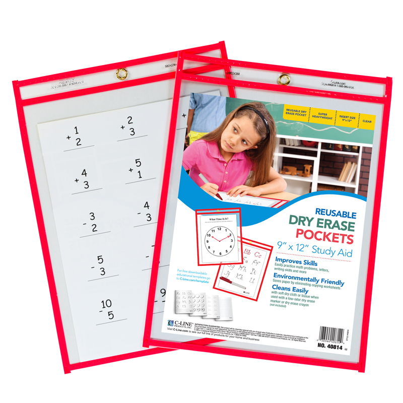 9 x 12 in. Reusable Dry Erase Pocket, Red Neon - 10 Each