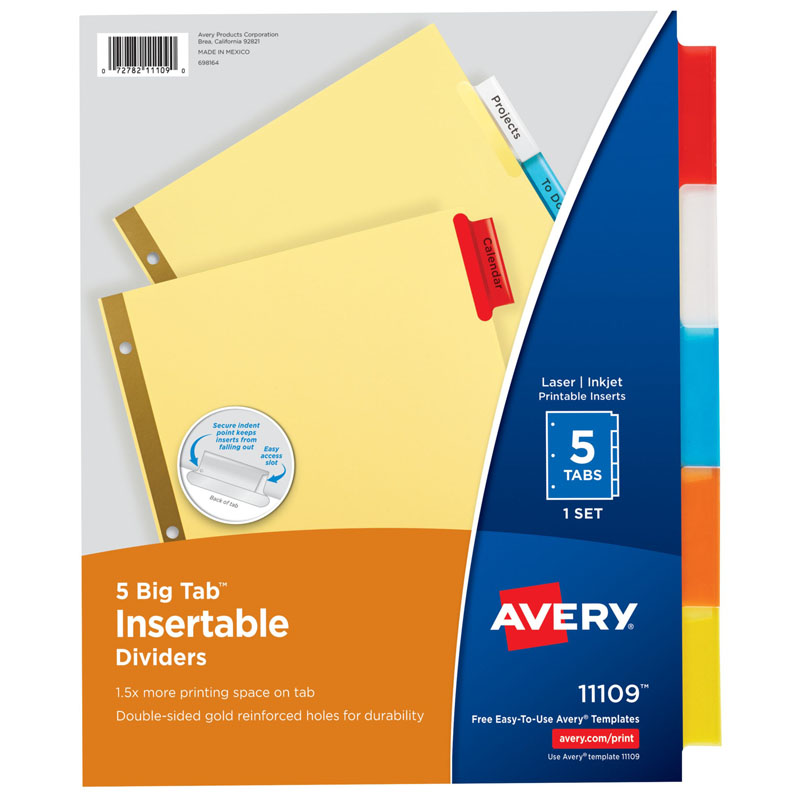 AVE11109-12 Worksaver Big Tab Insertable Dividers 5 Tab Set - Pack of 12