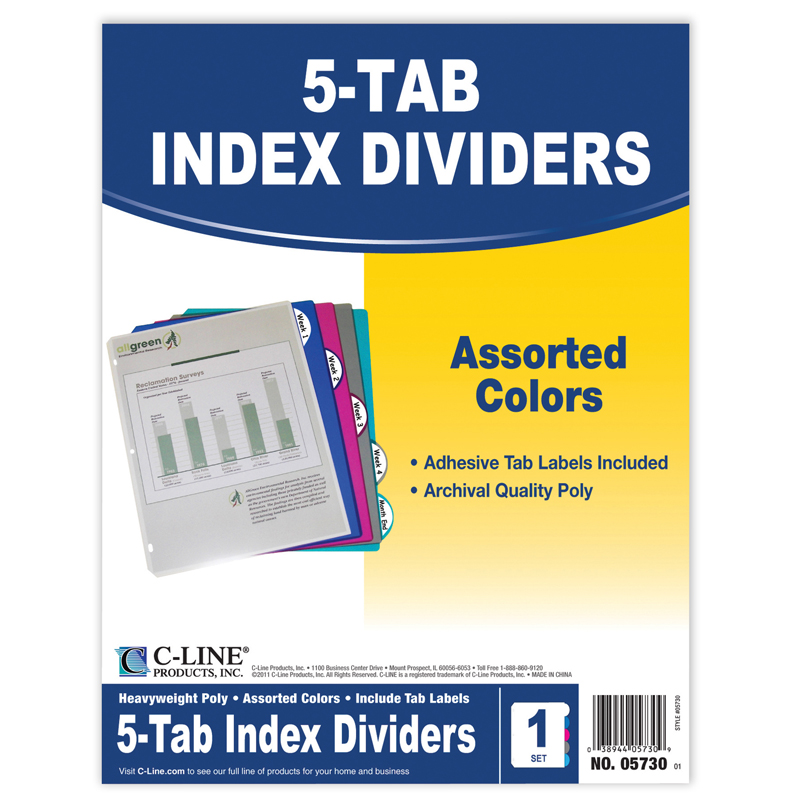 5 Tab Poly Index Dividers Assorted 5 Standard Tab - Pack of 12