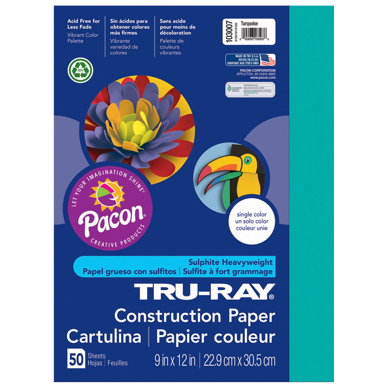9 x 12 in. Tru Ray Turquoise Construction Paper - 50 Sheets Per Pack - Pack of 5