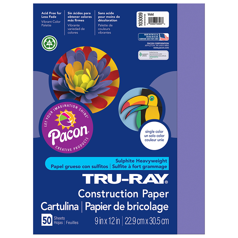 Pacon  9 x 12 in. Tru Ray Violet Construction Paper - 50 Sheets Per Pack - Pack of 5