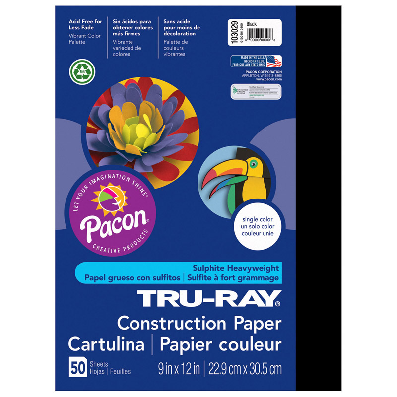 Pacon  9 x 12 in. Tru Ray Black Construction Paper - 50 Sheets Per Pack - Pack of 5