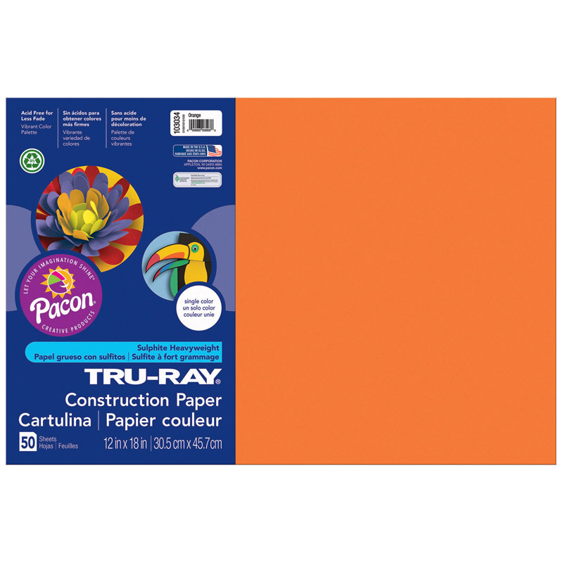 Pacon  12 x 18 in. Tru Ray Orange Construction Paper - 50 Sheets Per Pack - Pack of 5