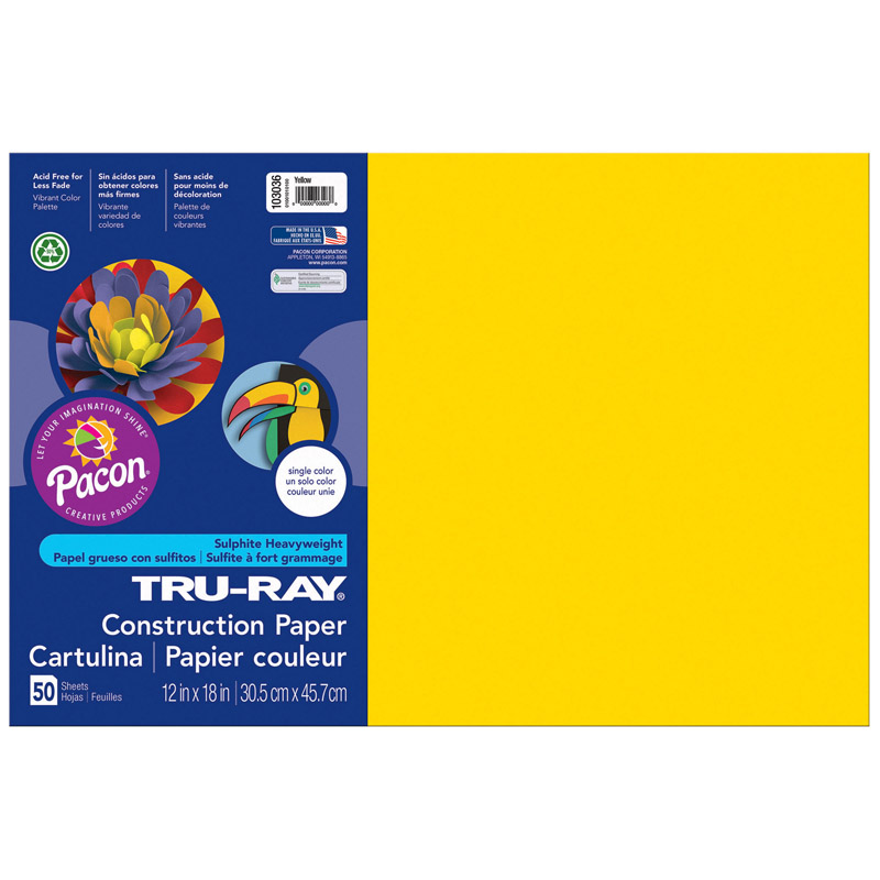 Pacon PAC103036-5 12 x 18 in. Tru Ray Yellow Construction Paper - 50 Sheets Per Pack - Pack of 5