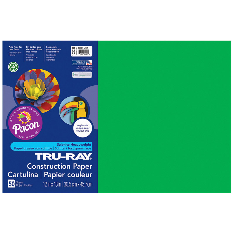 Pacon  12 x 18 in. Tru Ray Festive Green Construction Paper - 50 Sheets Per Pack - Pack of 5