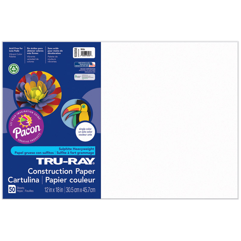12 x 18 in. Tru Ray White Construction Paper - 50 Sheets Per Pack - Pack of 5