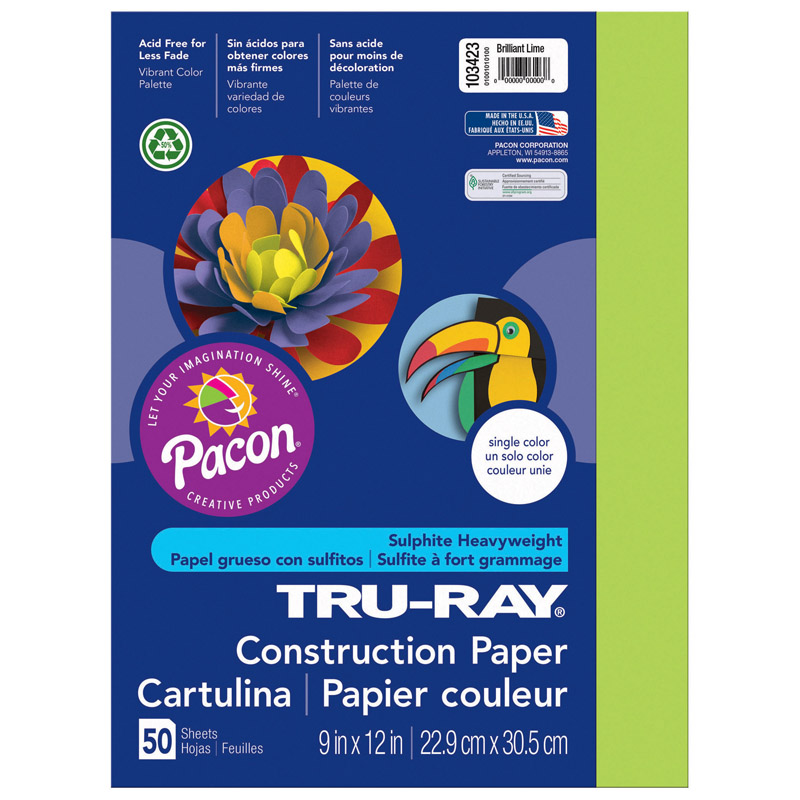 Pacon  9 x 12 in. Tru Ray Brilliant Lime Construction Paper - 50 Sheets Per Pack - Pack of 5