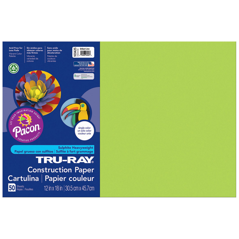 12 x 18 in. Tru Ray Brilliant Lime Construction Paper - 50 Sheets Per Pack - Pack of 5