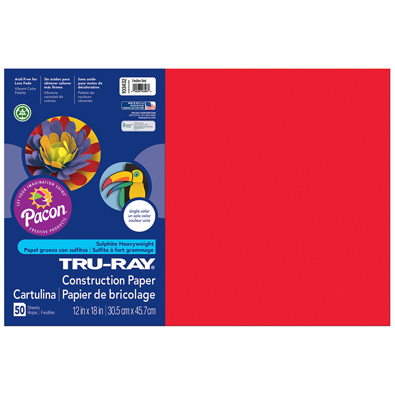 12 x 18 in. Tru Ray Festive Red Construction Paper - 50 Sheets Per Pack - Pack of 5