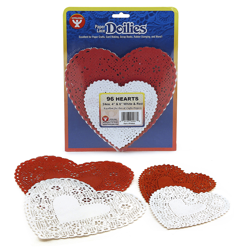 Picture of Hygloss Products HYG94466-3 4 x 6 in. Doilies White & Red Hearts - 24 Each - Pack of 3