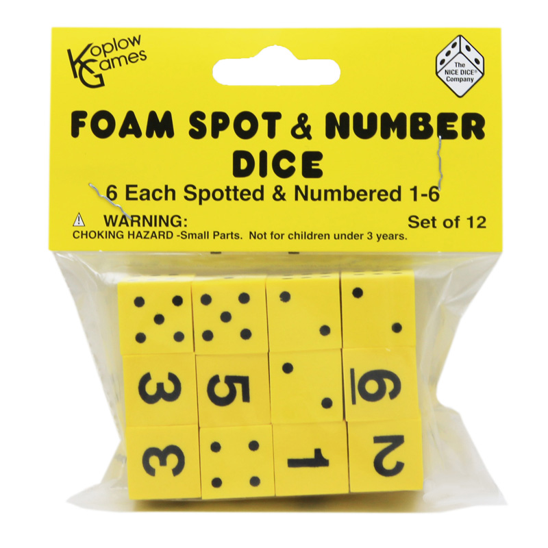 Picture of Koplow Games KOP17338-6 16mm Foam Dice&#44; Yellow Spot & Number - 12 Per Pack - Pack of 6