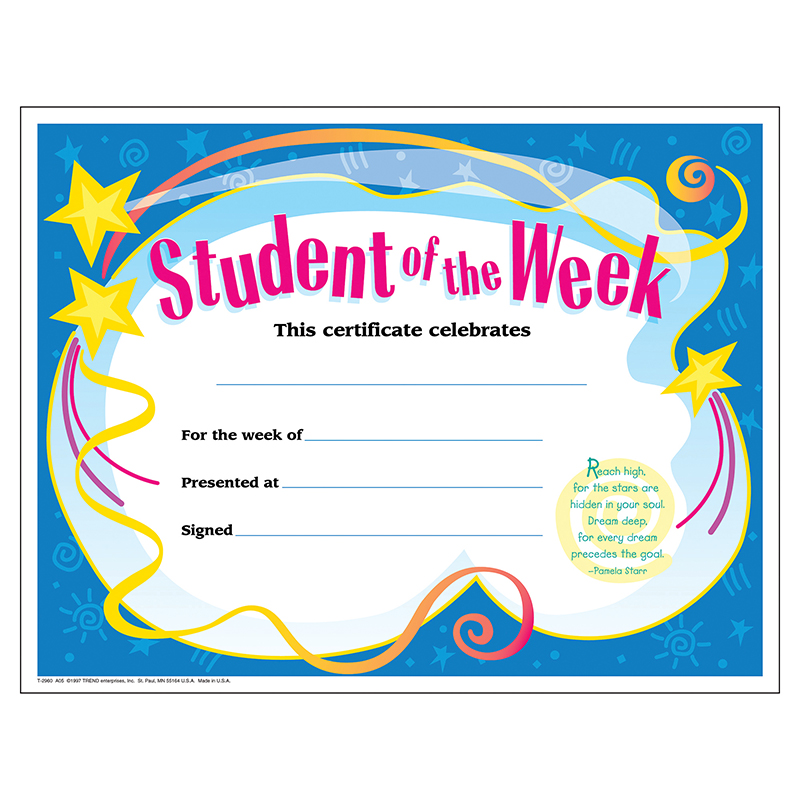 Certificate Student Of The Week, 8.5 x 11 in. - 30 Per Pack - Pack of 6
