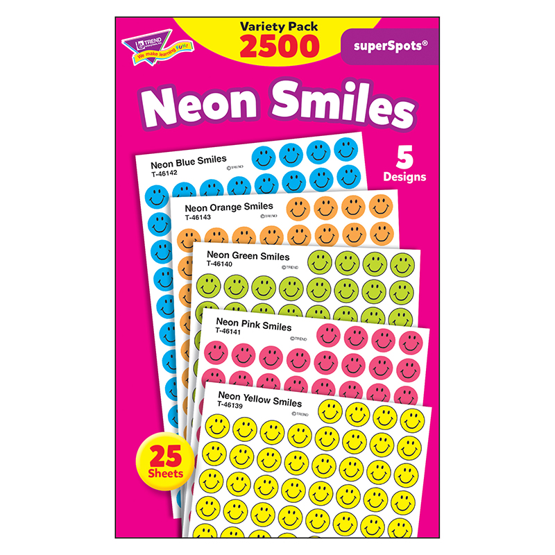 Superspots Stickers Neon Smiles - 2500 Per Pack - Pack of 3