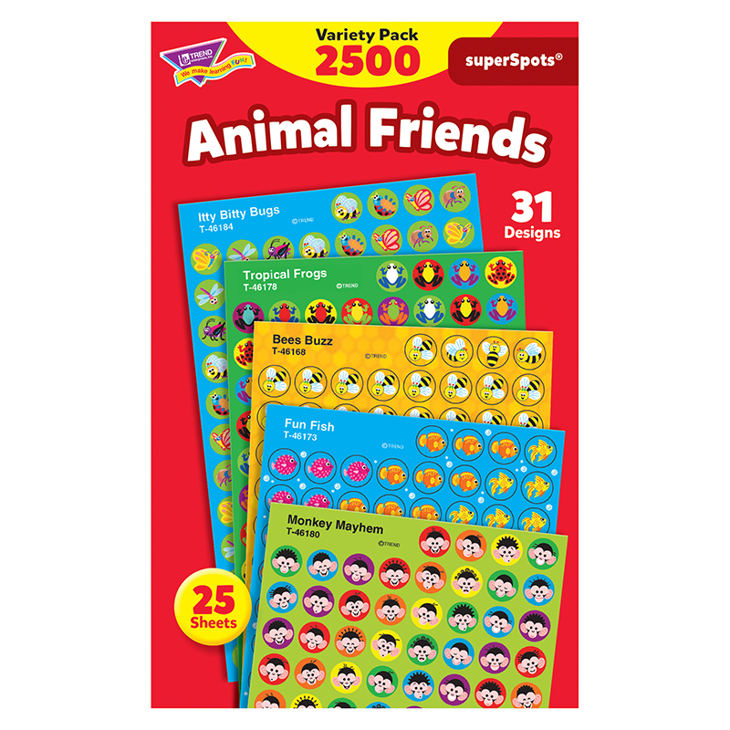 TREND Animal Friends superSpots? Stickers Variety Pack, 2500 Per Pack, 3 Packs