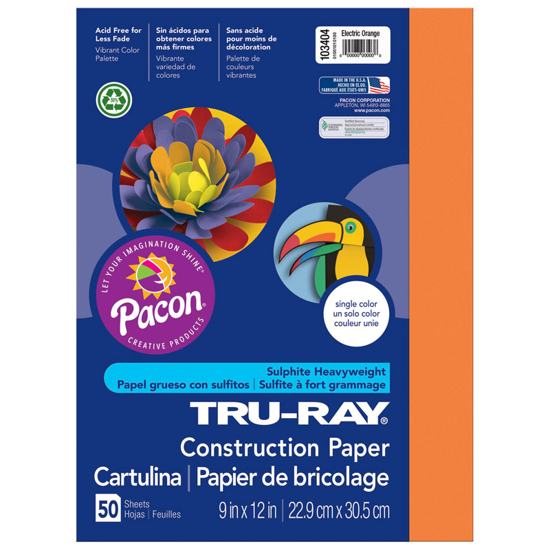 9 x 12 in. Tru Ray Electric Orange Fade Resistant Construction Paper - Pack of 5