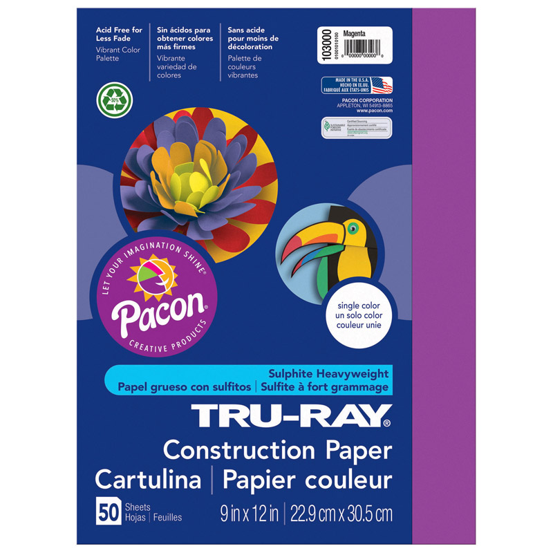 Pacon  9 x 12 in. Tru Ray Magenta Construction Paper - 50 Sheets Per Pack - Pack of 5