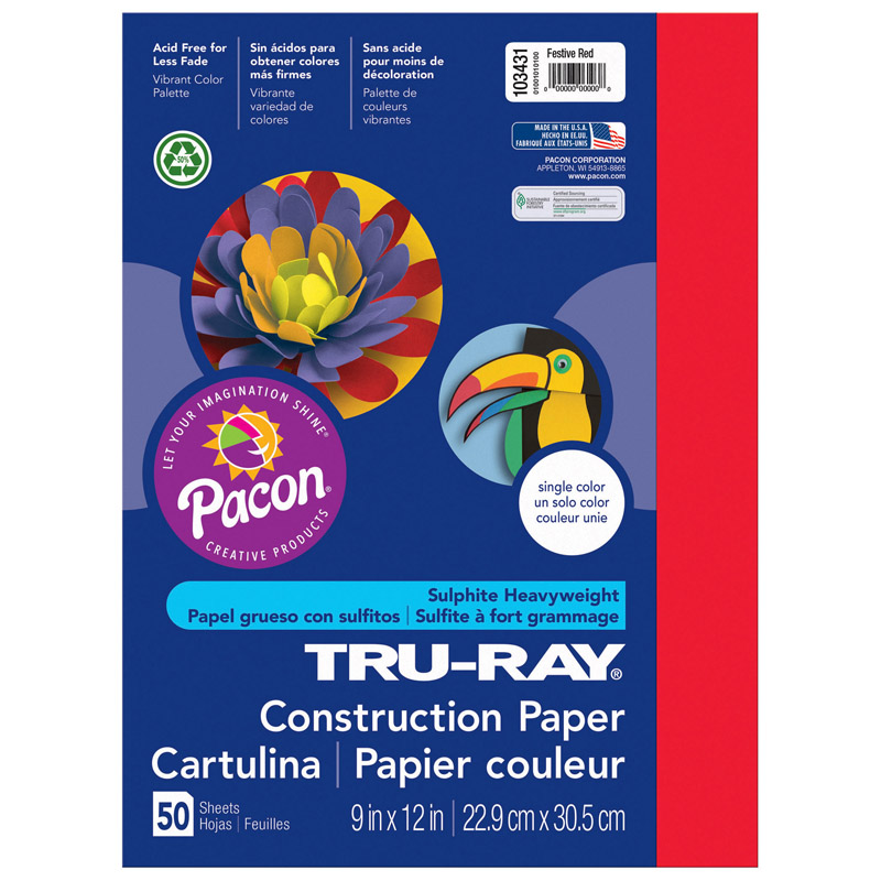 Pacon  9 x 12 in. Tru Ray Festive Red Construction Paper - 50 Sheets Per Pack - Pack of 5
