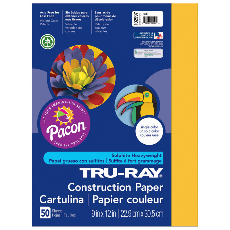 9 x 12 in. Tru Ray Gold Construction Paper - 50 Sheets Per Pack - Pack of 5