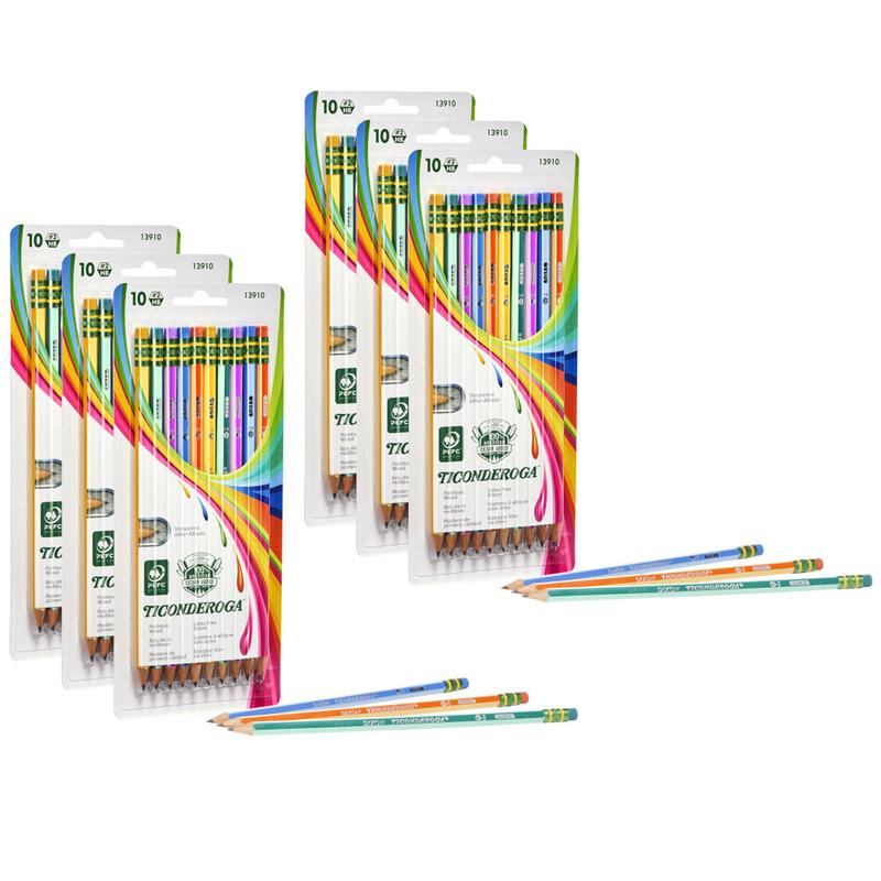 No.2 Presharpened Pencils, Soft Neon Stripes - Pack of 10 - 6 per Pack