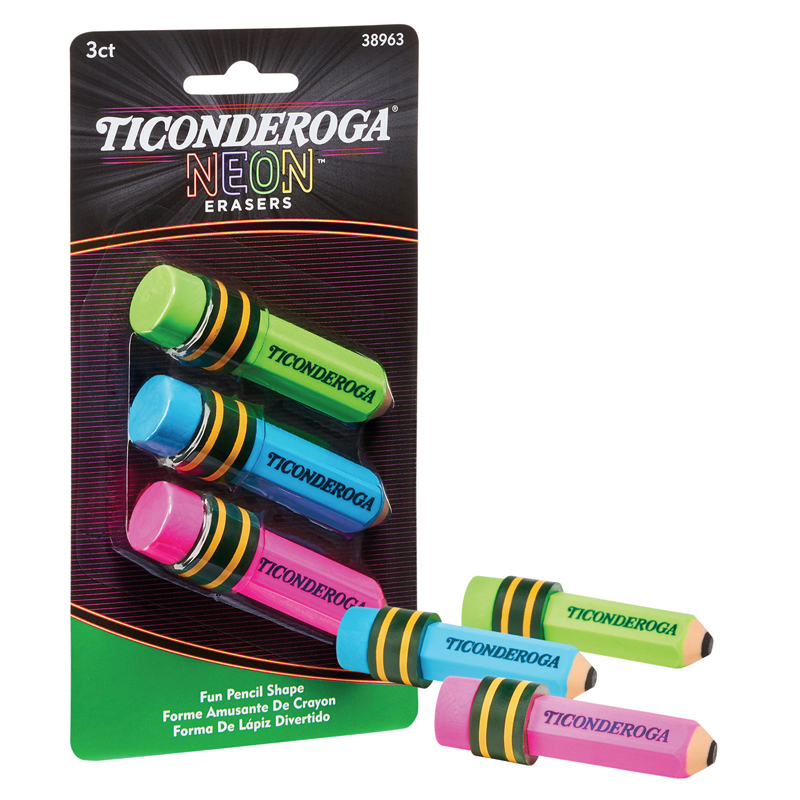 Picture of Dixon Ticonderoga DIX38963 Pencil Shaped Neon Erasers for Grade K-12&#44; Assorted Color - Pack of 3