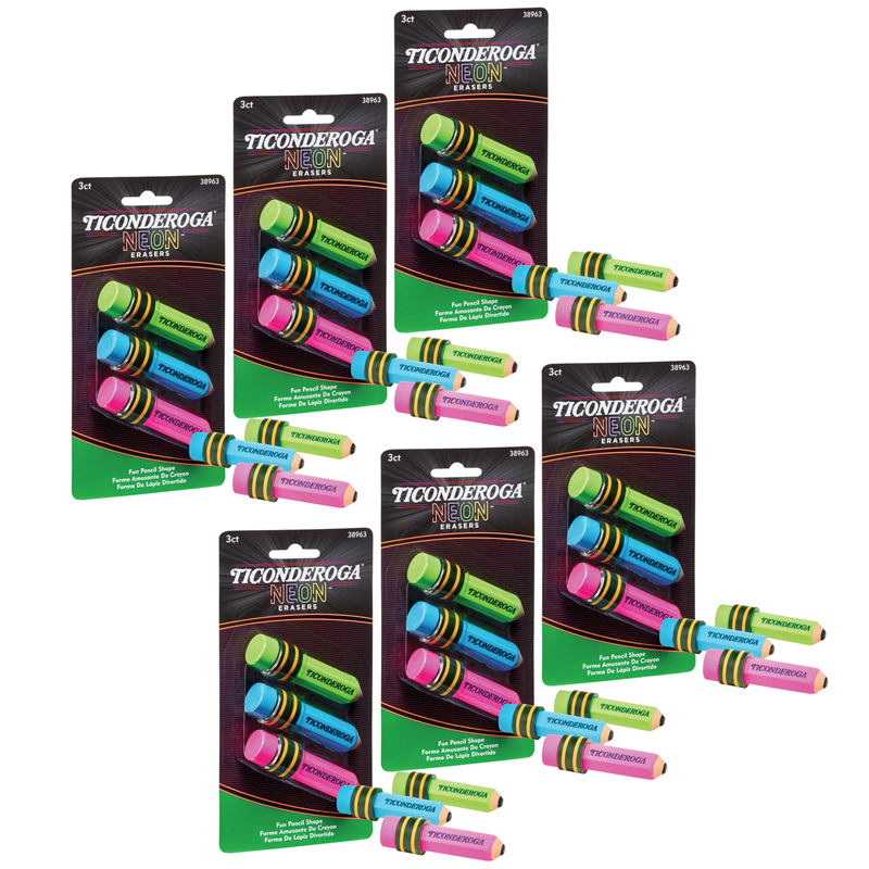 Picture of Dixon Ticonderoga DIX38963-6 Pencil Shaped Neon Erasers for Grade K-12&#44; Assorted Color - Pack of 6 - 3 Per Pack