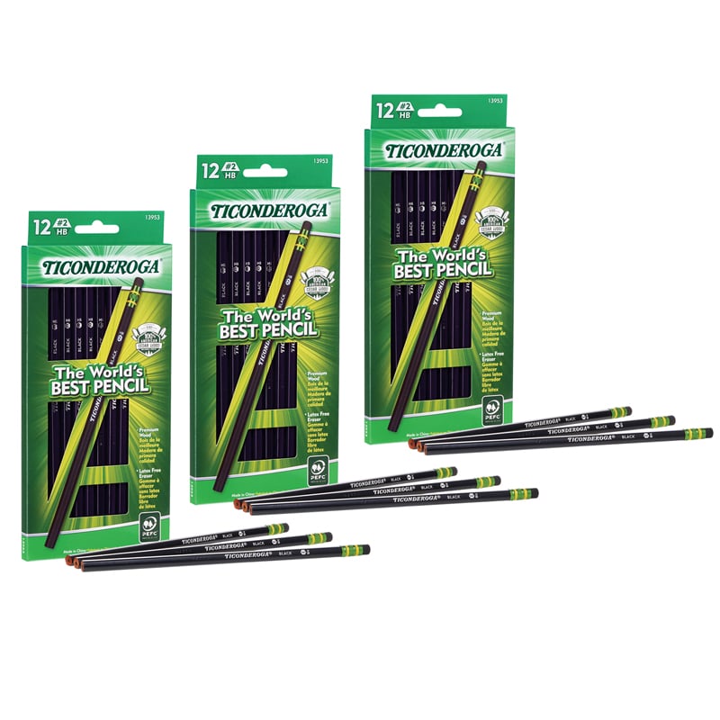 Dixon Ticonderoga DIX13953-3 Ticonderoga Num2 Pencils for Grade K-12, Black - Pack of 3 - 12 Count