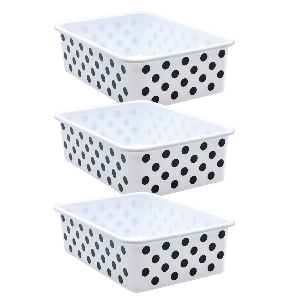 Picture of Teacher Created Resources TCR20419-3 Plastic Storage Bin, White with Black Polka Dots - Large - Pack of 3
