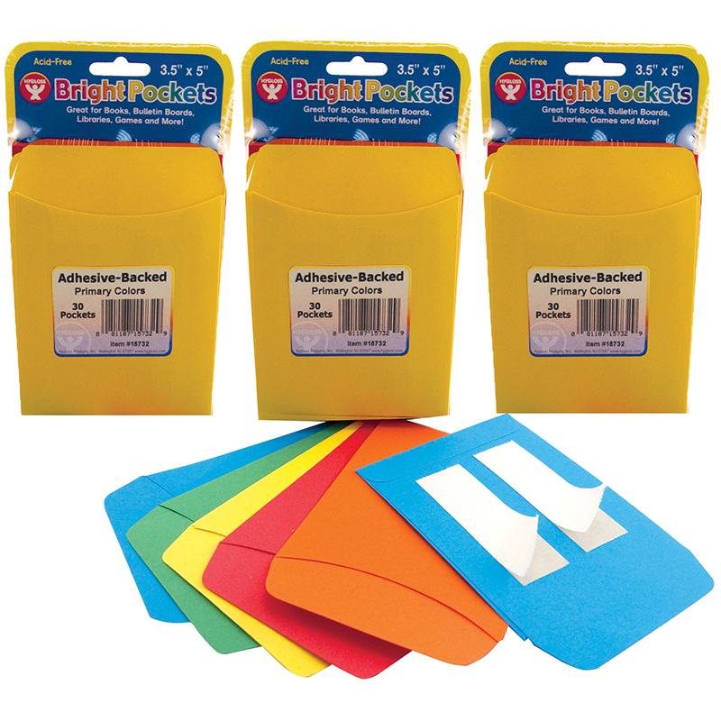Picture of Hygloss Products HYG15732-3 3.5 x 4.875 in. Self Adhesive Library Pressure Sensitive Pockets&#44; Multicolor - 30 per Pack - Pack of 3
