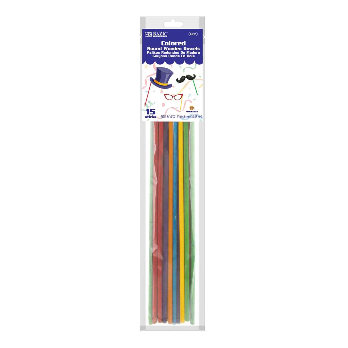 Picture of Bazic Products BAZ6811-12 Round Woodn Dowel&#44; Multi Color - Pack of 12