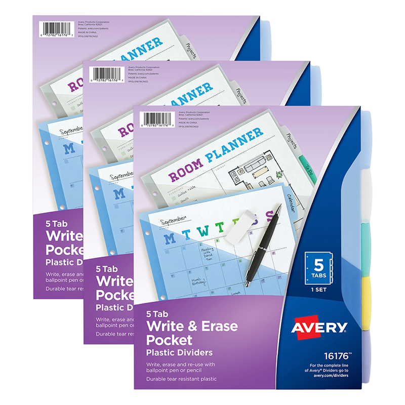 Write & Erase Durable Plastic Dividers with Pockets, 5-Tab Set, Multicolor, 15PK