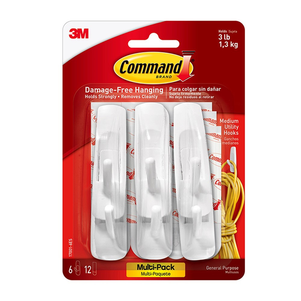 Picture of 3M MMM170016ES-3 Medium Adhesive Mounting Hook, White - 6 Count - Pack of 3