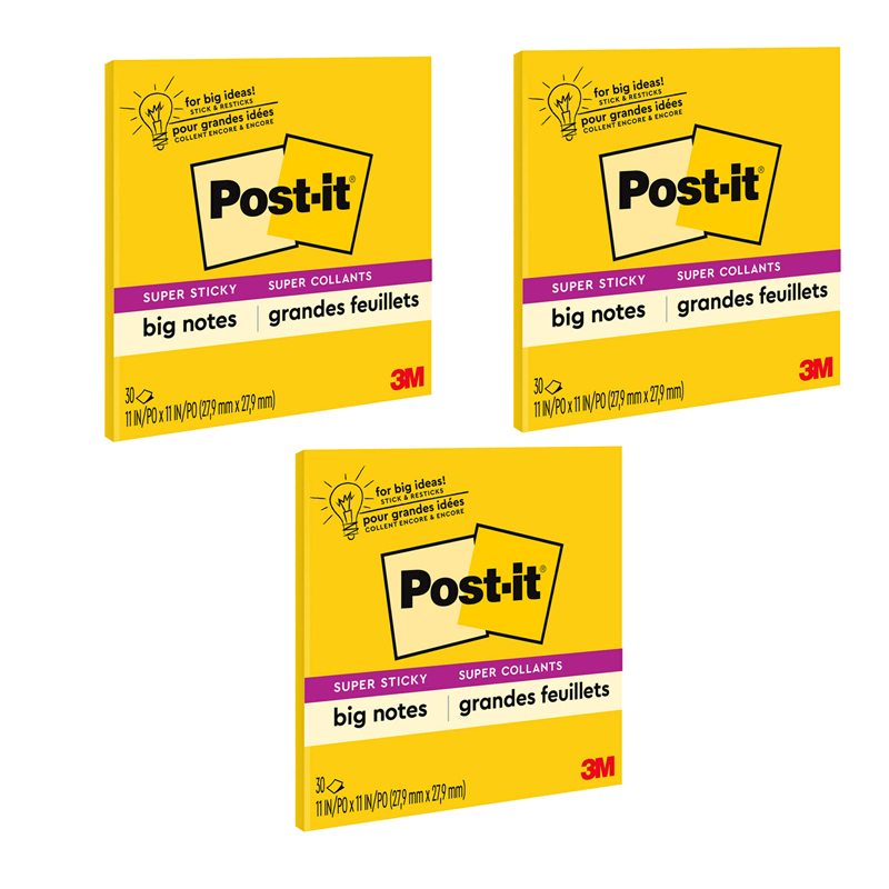 Super Sticky Big Note, 11 in. x 11 in., Yellow, 30 Sheets/Pad, 3PK