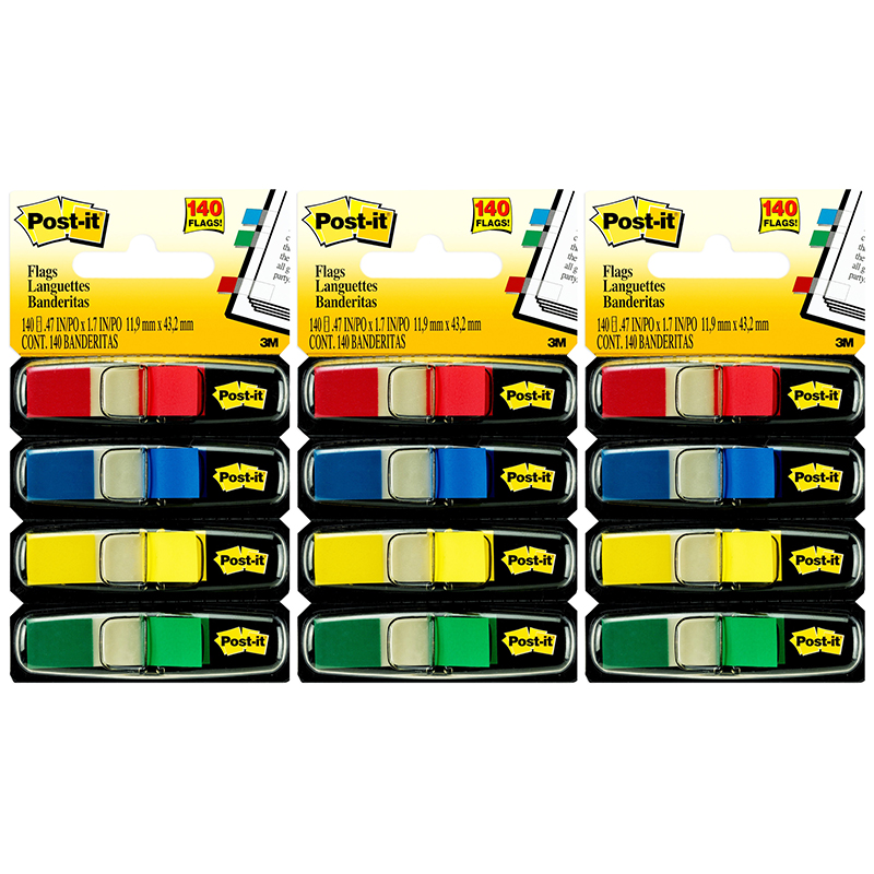 Flags, Assorted Primary Colors, .47 in. Wide, 35 Flags/Dispenser, 4 Dispensers/Pack, 3 Packs, 420PK