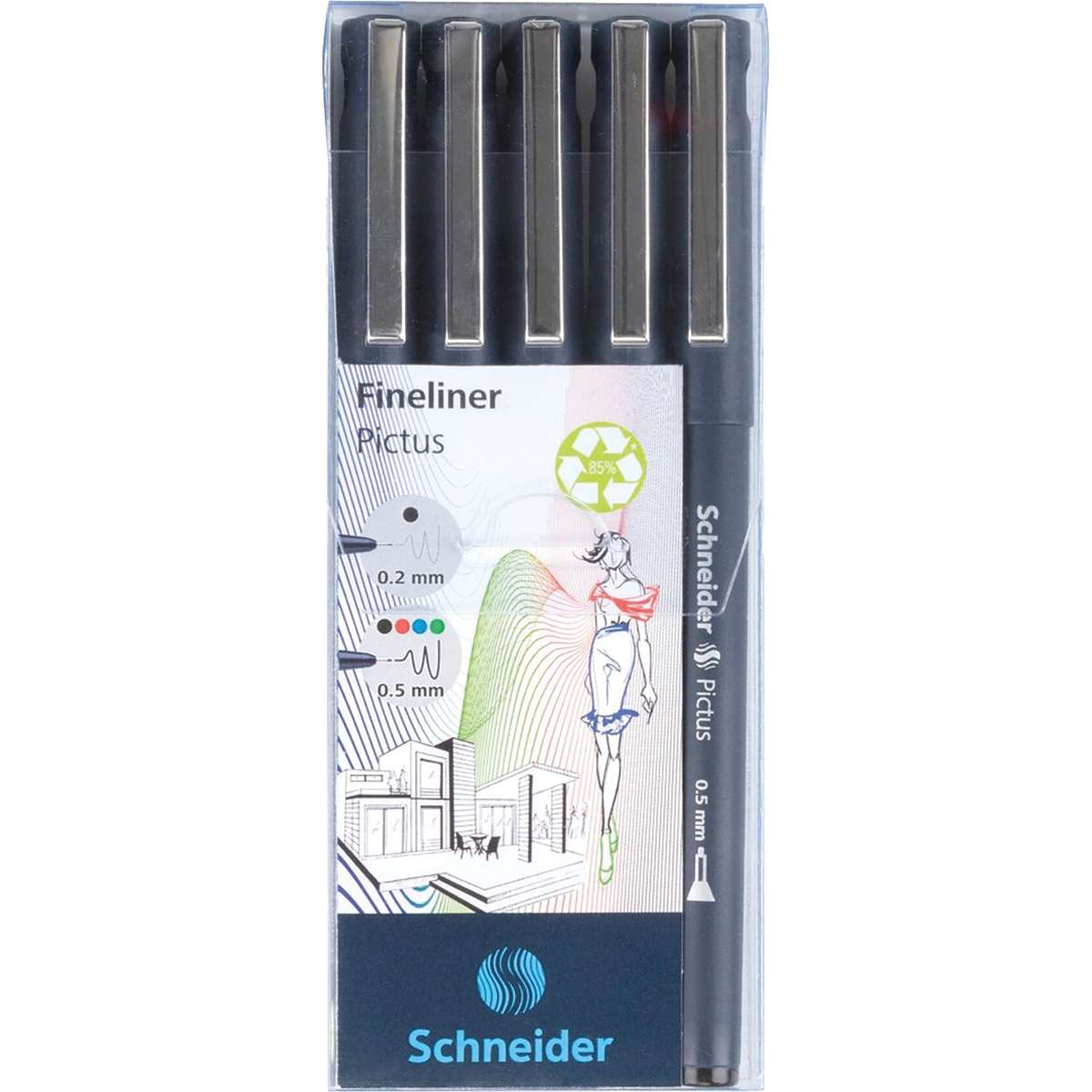 Pictus Fineliners Pen, Assorted Color & Size - Set of 5