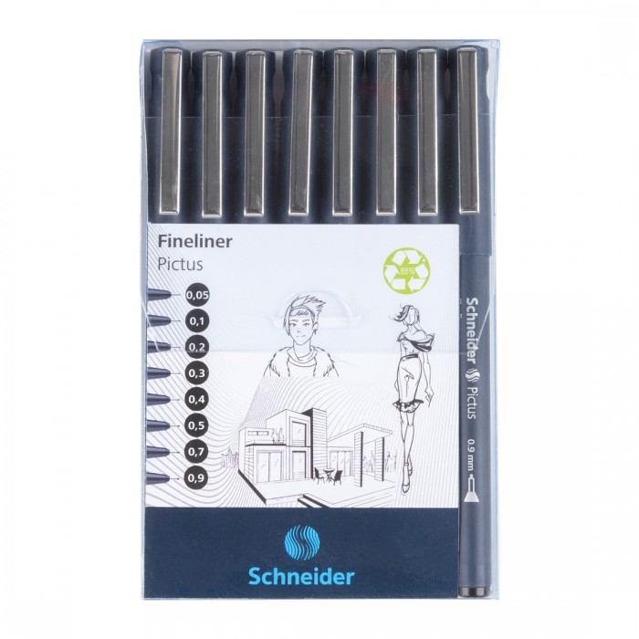 PSY197598 Pictus Countus Fineliners Pen, Black - Assorted Size - Set of 8