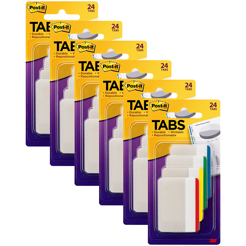 MMM686F1-6 Post-it Tabs, Assorted Primary Colors - 24 Per Pack - Pack of 6